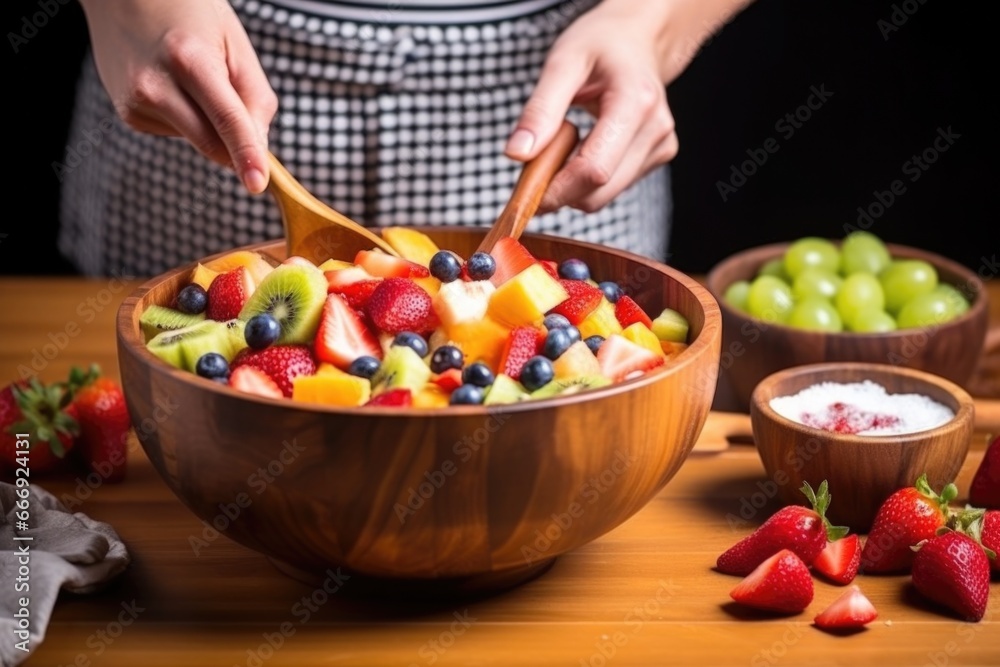 stirring a bowl of mixed fruit salad with a wooden spoon