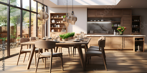 Wooden chairs near kitchen island. Interior design of modern dining room.