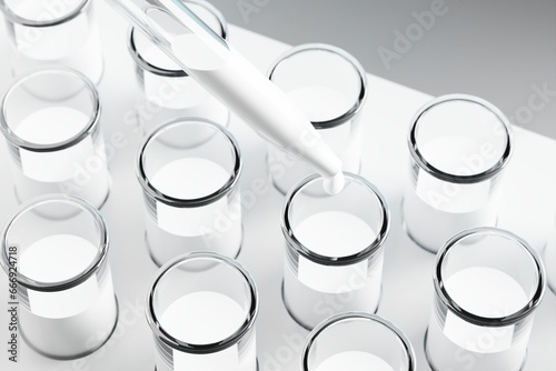 Drops of milk in a tube, science, research or milk test. 3D rendering