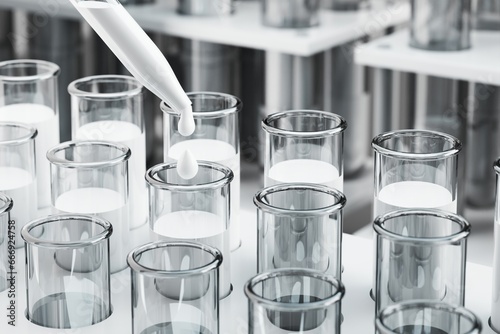 Drops of milk in a tube, science, research or milk test. 3D rendering
