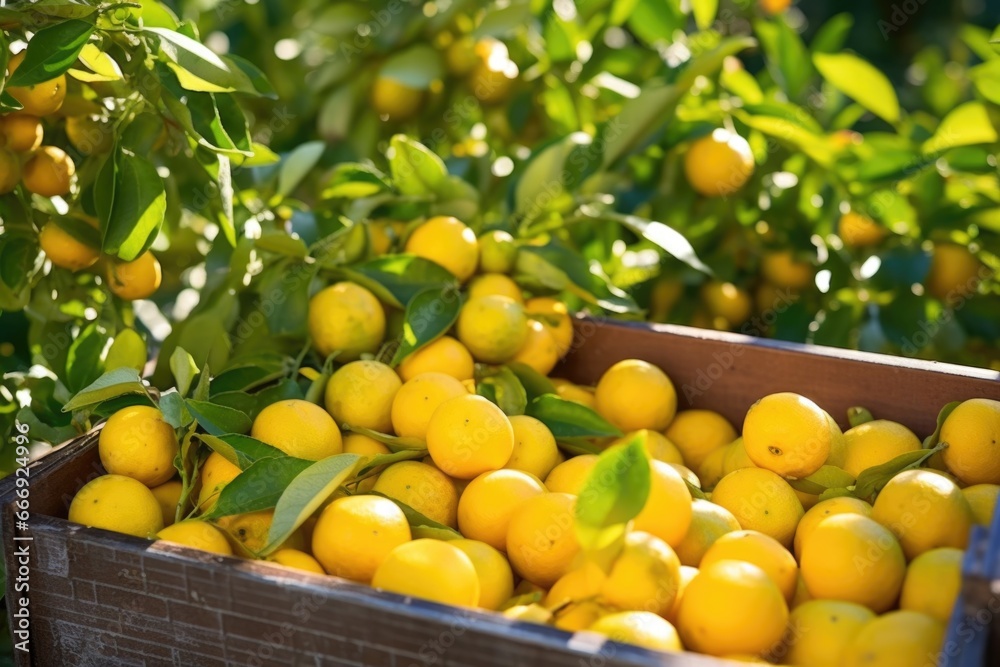 detail shot of an overflowing crate of freshly harvested lemons