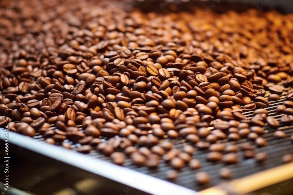 close-up of roasted coffee beans on cooling tray close-up of roasted coffee beans on cooling tray