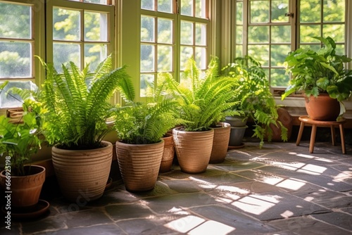 potted ferns placed around the floor of a sunlit sunroom