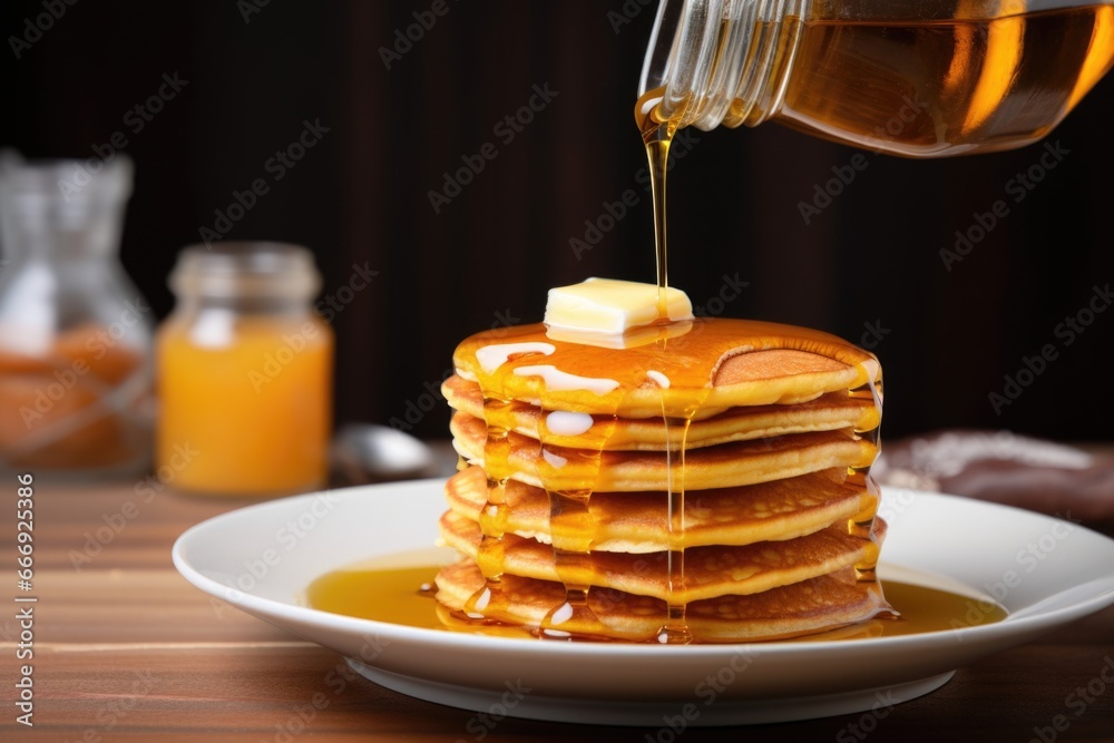 a stack of pancakes on a plate, syrup pouring over - obrazy, fototapety, plakaty 