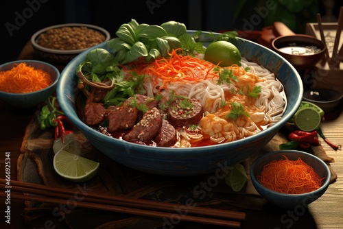 A bowl of creamy Vietnamese pho with beef, rice noodles, and a variety of herbs and spices 