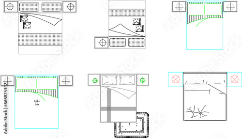 vector illustration of a detailed sketch of the interior of a bedroom with a top view of the mattress