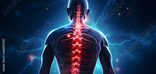 Digital bone on the back pain . Man from back pain. Injury caused by training. Tendon problems. Panoramic banner with copy space