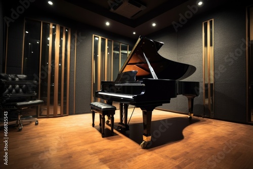 black grand piano in the middle of a recording studio