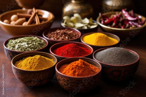 assortment of indian spices in various dishes