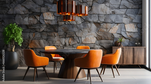 wooden round dining table and chairs against of stone 3d panel wall. Interior design of modern dining room with abstract orange chandelie photo