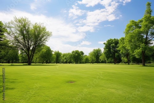 a lush golf course beside a barren public park