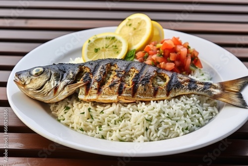 grilled sea bass served with a side of rice pilaf