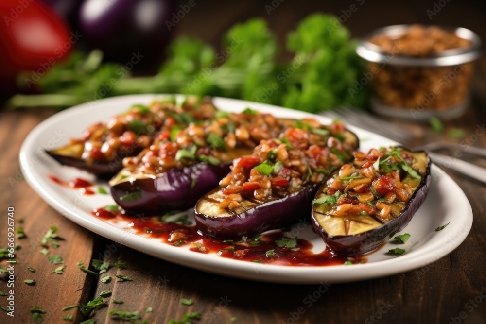 an eggplant dish with a smoky bbq sauce an eggplant dish with a smoky bbq sauce