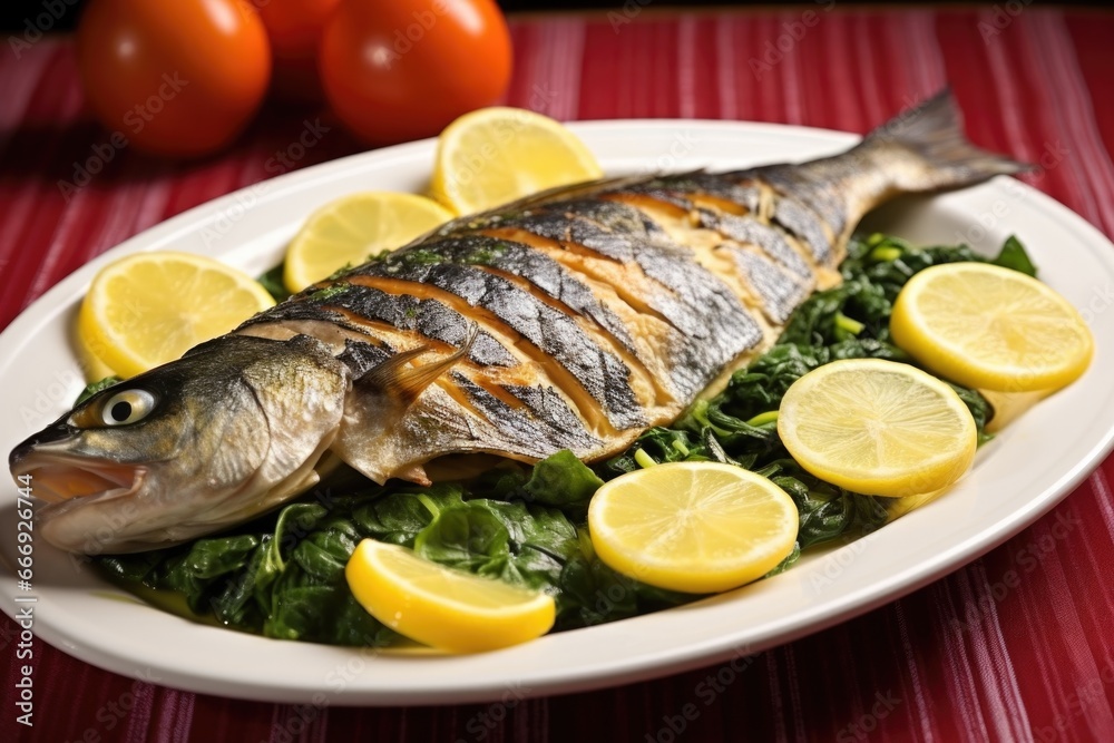 grilled sea bass placed on a bed of spinach, garnished with lemon grilled sea bass placed on a bed of spinach, garnished with lemon