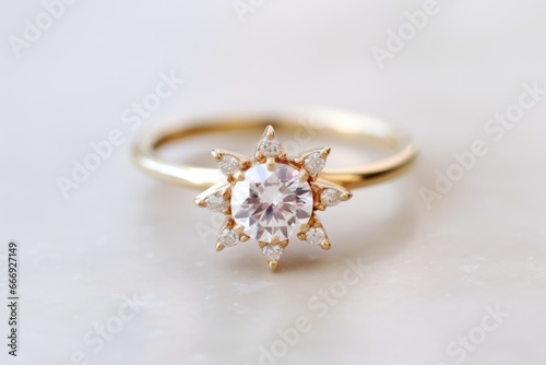 cluster style engagement ring on a white marble surface © altitudevisual