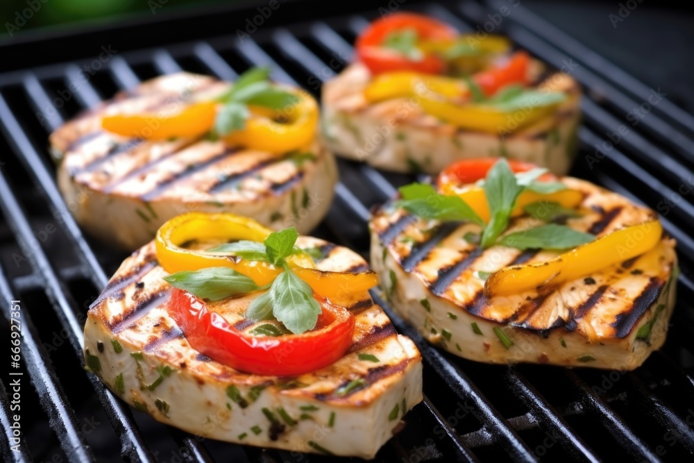 close-up of grilled tofu steaks with bell peppers and lemon zest close-up of grilled tofu steaks with bell peppers and lemon zest
