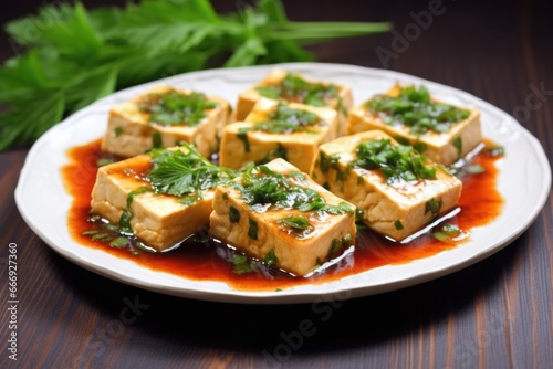 plate of tofu steaks with tangy sauce and herbs