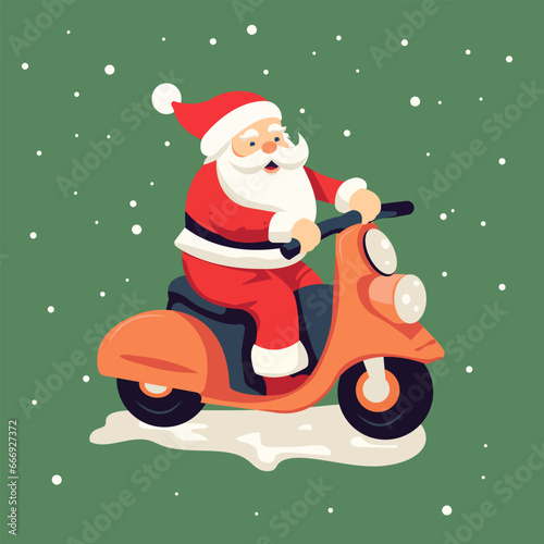 Vector flat illustration, funny Santa Claus in a traditional costume rides a moped.  © Lilia Ulizko