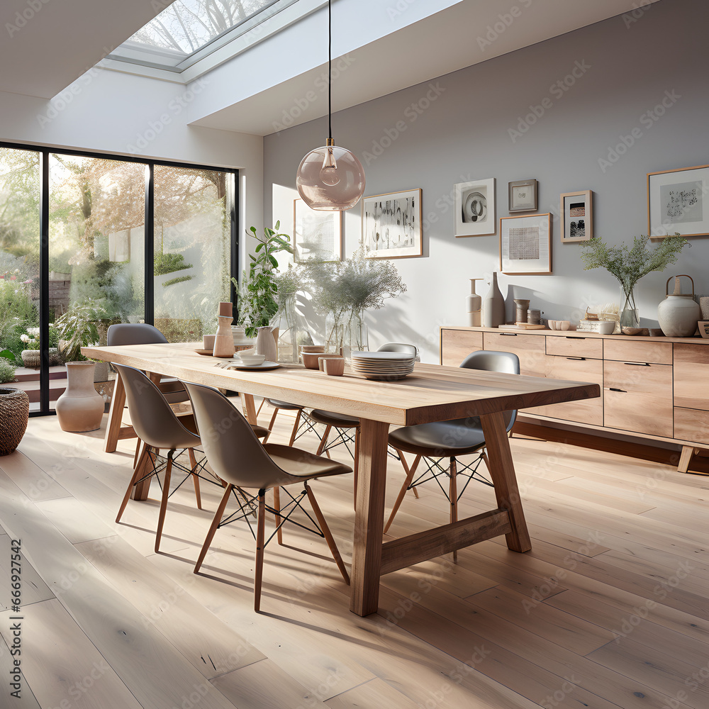 Wooden setted dining table and chairs in scandinavian interior design of modern dining room with window Wooden setted dining table and chairs in scandinavian interior design of modern dining room with window
