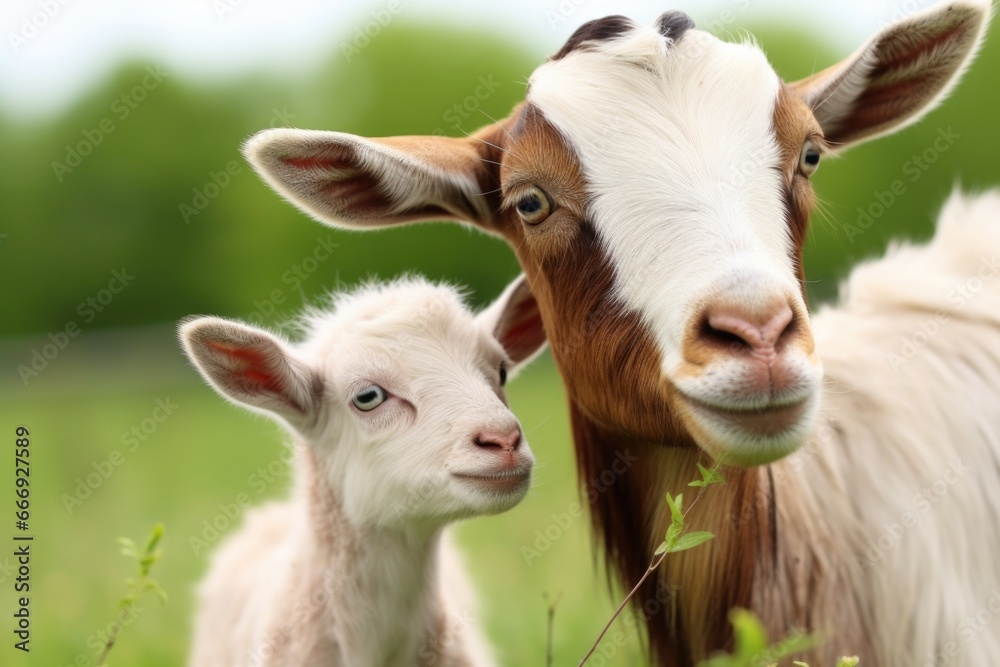 close-up of nanny-goat with kids in green pastures - obrazy, fototapety, plakaty 