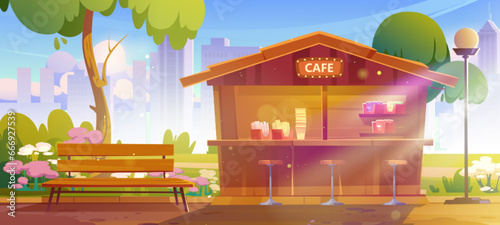 Small street cafe in city public park. Cartoon spring or summer landscape of garden with green trees and flowers, bench and kiosk with snacks on background of multistory buildings under sun light.