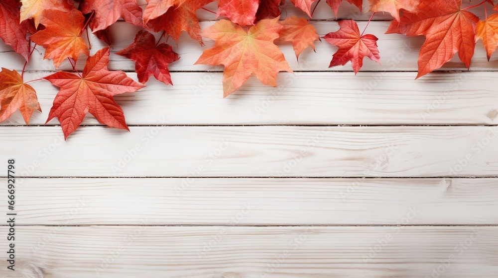 Obraz premium Autumn Background, A Top View of Vibrant Red Leaves on a Wooden Background - Creating a Seasonal Canvas with Copy Space for Autumnal Creativity, Fall Background 