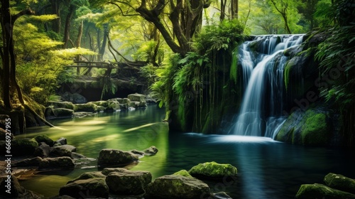 A tranquil waterfall in a lush forest for a soothing ambiance