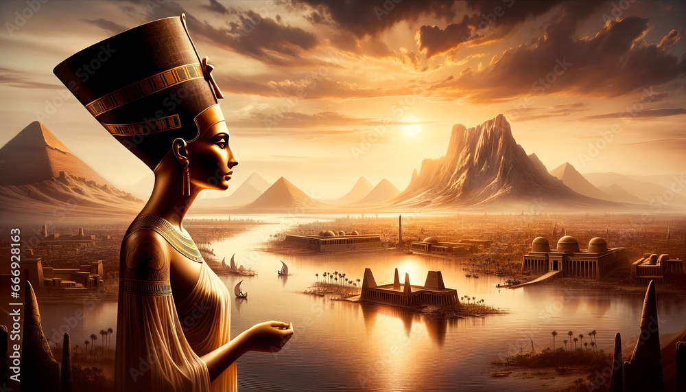 An artistic representation of Nefertiti by the banks of the Nile River, highlighting her legacy in Egyptian history - obrazy, fototapety, plakaty 