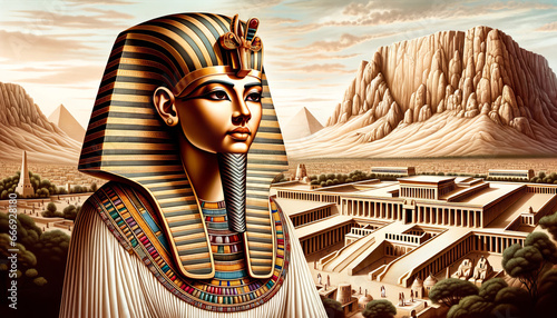 A landscape depiction showcasing Hatshepsut in her traditional khat headdress and attire, with the Temple of Hatshepsut at Deir el-Bahari in the background