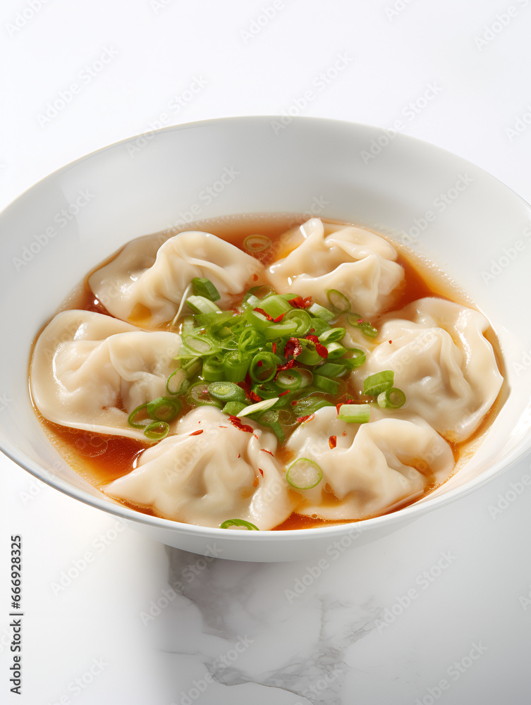 Delicious spicy soup with dumplings, traditional Chinese food on white background Delicious spicy soup with dumplings, traditional Chinese food on white background