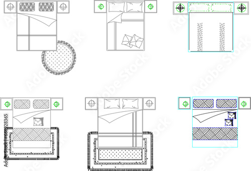 vector illustration of a detailed sketch of the interior of a bedroom with a top view of the mattress