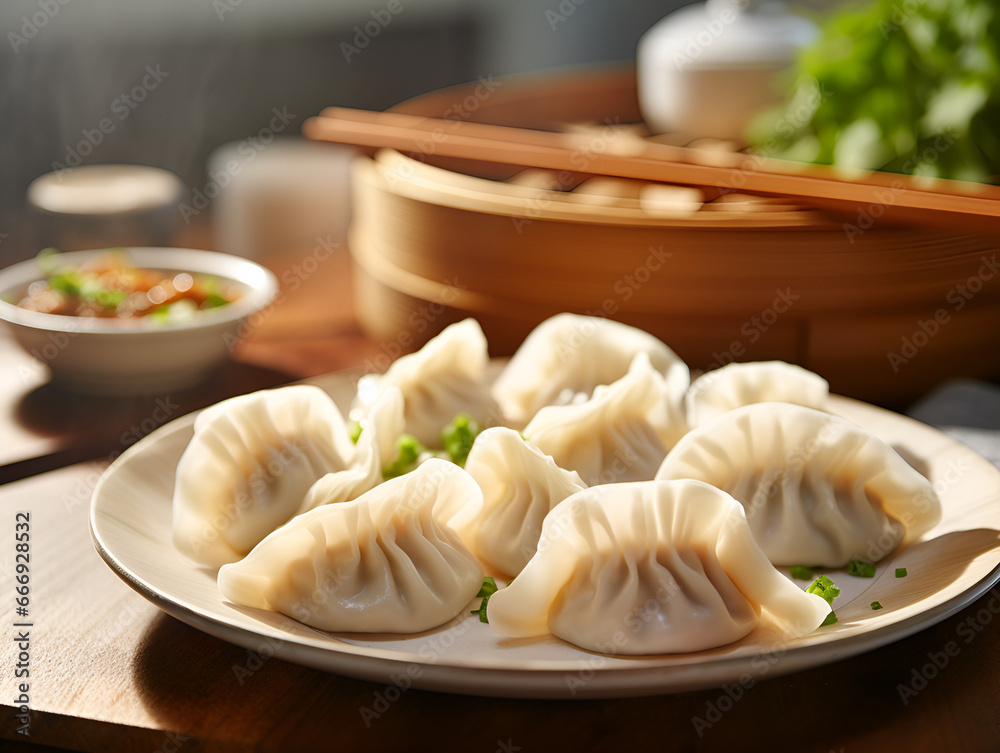 Close up of delicious Chinese dumplings on a plate, blurred background Close up of delicious Chinese dumplings on a plate, blurred background