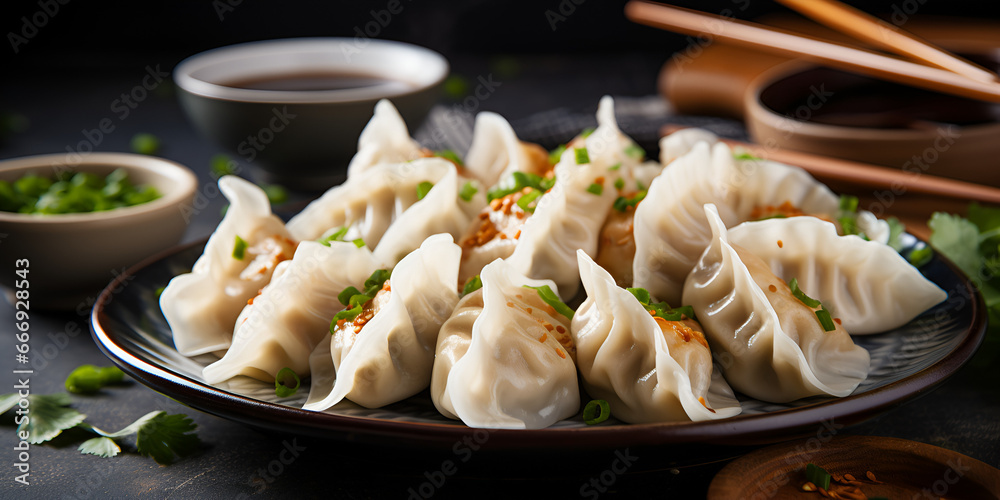 Close up of delicious Chinese dumplings on a plate, blurred  background