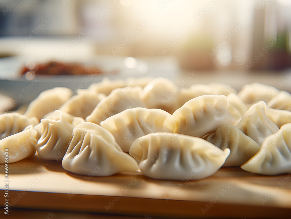 Close up of delicious Chinese dumplings on a plate, blurred background Close up of delicious Chinese dumplings on a plate, blurred background