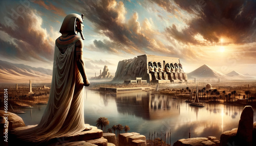 An artistic representation capturing Seti I by the Nile River, with a majestic view of Thebes in the distance photo
