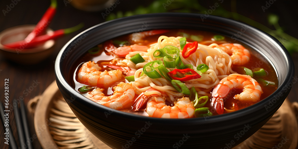 Delicious ramen soup with shrimp and vegetables, blurred table background