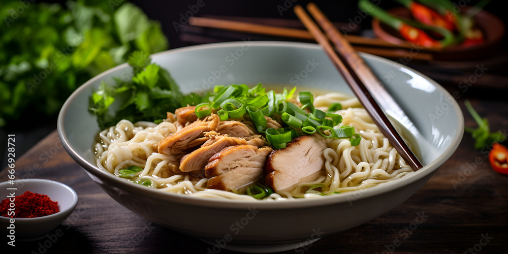 Tasty Chinese ramen with chicken and vegetables, in a bowl on table Tasty Chinese ramen with chicken and vegetables, in a bowl on table