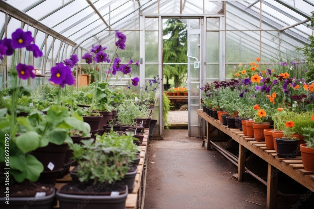 greenhouse filled with poppy flowers in purple pots