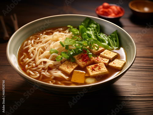 Delicious vegan ramen soup with tofu and vegetables, blurred table background