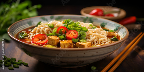 Delicious vegan ramen soup with tofu and vegetables, blurred table background