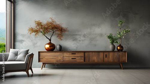 Wooden sideboard in modern living room, concrete wall with wooden paneling, home interior background with copy space photo
