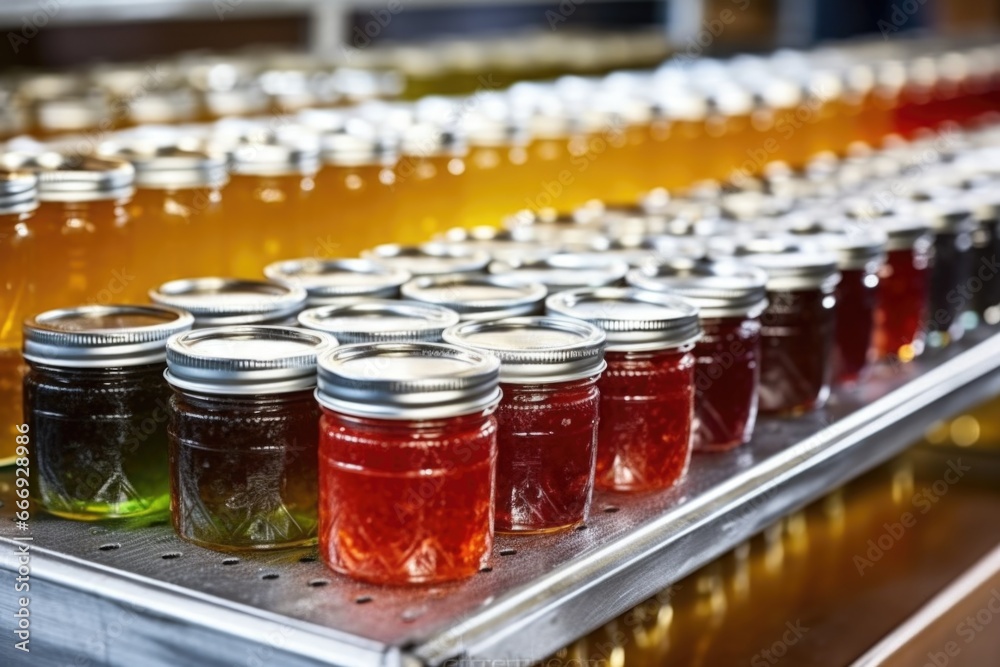 rows of jelly jars on a silver metal conveyor belt rows of jelly jars on a silver metal conveyor belt