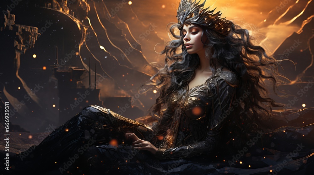 Legendary daydream lady ruler vamp sits on medieval antiquated position of royalty. Brilliant gothic crown on head. Mythical person young lady princess fiendish confront dark long hair. - obrazy, fototapety, plakaty 