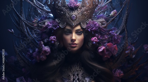 Legendary daydream lady ruler vamp sits on medieval antiquated position of royalty. Brilliant gothic crown on head. Mythical person young lady princess fiendish confront dark long hair. photo