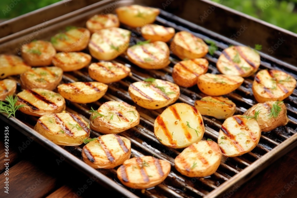 grilled potatoes on stainless steel grill plate grilled potatoes on stainless steel grill plate