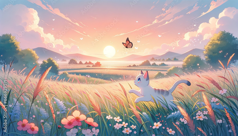 An anime-style art of a serene landscape during sunset, with soft pastel colors. In the foreground, a playful cat is chasing a fluttering butterfly, surrounded by tall grass and blooming flowers.