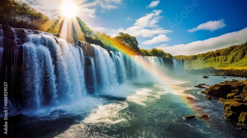 A luminous rainbow over a picturesque waterfall
