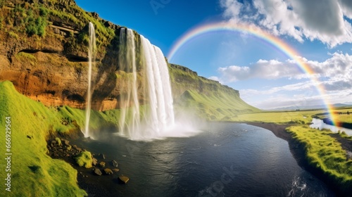 A luminous rainbow over a picturesque waterfall