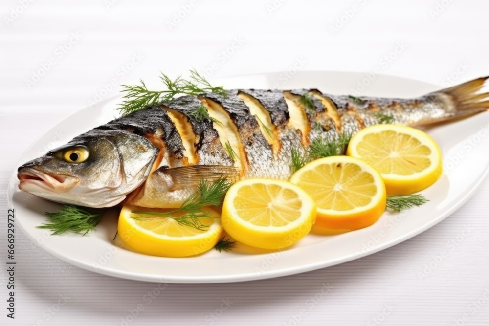 grilled sea bass with lemon slices on a white plate