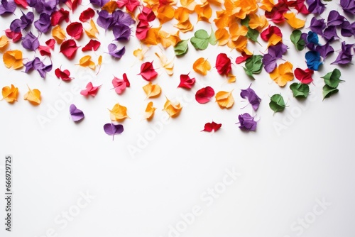 lgbtq colored petals scattered on white backdrop